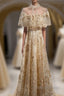 Champagne Tulle Lace Long Prom Dress, Champagne Prom Dresses, 1