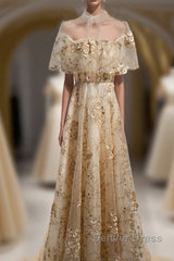 Champagne Tulle Lace Long Prom Dresses, Champagne Formal Dresses, 1