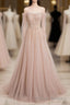 Champagne Pink Tulle Beads Long Prom Dresses, Champagne Evening Dresses