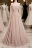 Champagne Pink Tulle Beads Long Prom Dress, Champagne Prom Dresses
