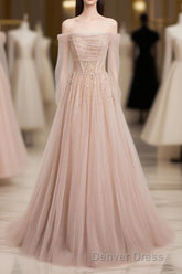 Champagne Pink Tulle Beads Long Prom Dresses, Champagne Evening Dresses