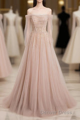 Champagne Pink Tulle Beads Long Prom Dresses, Champagne Evening Dresses