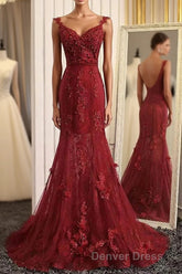 Burgundy Trumpet Sweep Train V Neck Mid Back Appliques Beading Long Prom Dresses