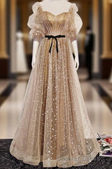 Champagne Sweetheart Tulle Long Prom Dresses, Tulle Formal Dresses