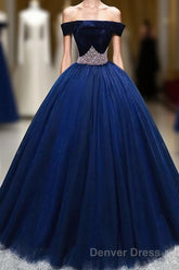 Dark Blue Tulle Off Shoulder Long Prom Dresses, Blue Sweet 16 Dresses