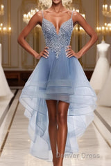 Blue Sweetheart Tulle Lace High Low Prom Dresses, Blue Homecoming Dresses