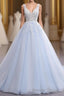 Ball Gowns Chapel Train V Neck Sleeveless Backless Appliques Prom Dresses