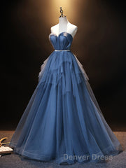 Blue Sweetheart Neck Tulle Long Prom Dresses, Blue Evening Dresses