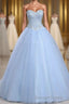Light Blue Ball Gowns Floor Length Sweetheart Strapless Sleevless Beading Prom Dresses