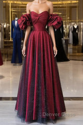 Off Shoulder Wine Red Sweetheart Tulle Prom Dresses, A-line Wine Red Evening Dresses