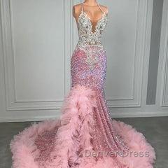 Pink Halter Mermaid Prom Dresses with Sequins Beadings and Tulle Ruffle