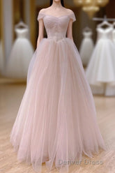 Pink Sweetheart Tulle Beaded Long Party Dresses, Pink Tulle Prom Dresses Evening Dresses