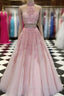 2 Pieces Pink Red Lace Prom Dress, Two Pieces Pink Red Tulle Lace Prom Dresses