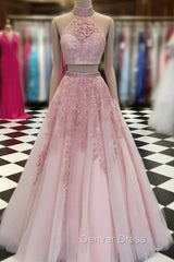 2 Pieces Pink Red Lace Prom Dresses, Two Pieces Pink Red Tulle Lace Formal Evening Dresses