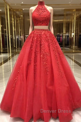 2 Pieces Tulle Lace Prom Dresses, Two Pieces Evening Dresses