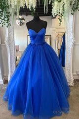 Blue Strapless Tulle Long Prom Dresses, A-Line Evening Dresses