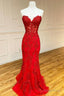 Red Strapless Lace Long Prom Dress, Mermaid Prom Dresses
