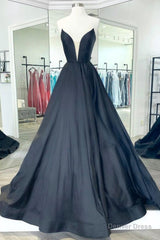 Black Satin Long A-Line Prom Dress, Black Evening Party Dress