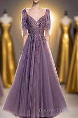 Purple Tulle Lace Long Prom Dresses, A-Line Evening Party Dresses