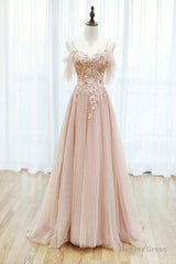 Pink Tulle Lace Long A-Line Prom Dress, Spaghetti Strap Formal Evening Dress