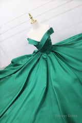 Green Satin Long Prom Dress, Off the Shoulder Evening Party Dress