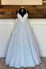 A-Line Sequins Long Prom Dresses, White Formal Evening Dresses