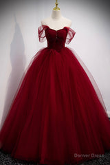 Burgundy Tulle Long A-Line Prom Dress, Burgundy Evening Party Dress