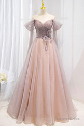 Pink Tulle Beaded Long Prom Dress, Off the Shoulder Evening Dress