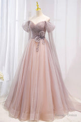 Pink Tulle Beaded Long Prom Dress, Off the Shoulder Evening Dress