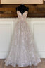 A Line Tulle Sequins Long Prom Dress, Spaghetti Straps V Neck Prom Dresses