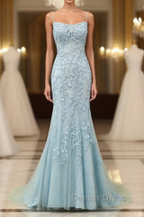 Mermaid Blue Long Prom Dresses Backless Evening Dresses