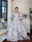 Bubble Sleeves A Line Prom Dress, Elegant Floral Long Prom Dress, Popular Wedding Guest Dresses