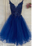 A Line V Neck Sleeveless Tulle Short Mini Homecoming Dresses With Appliqued Beading Sequins