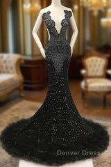 Black Mermaid Prom Dresses with Beaeded and Feathers