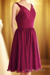 Magenta v-Neck Straps A-Line Short Bridesmaid Dresses