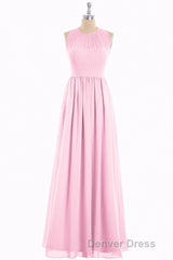 Pink Chiffon Halter Cutout Back A-Line Long Bridesmaid Dresses