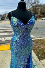 Purple Iridescent Sequin Empire Waist Lace-Up Mermaid Long Dresses with Slit