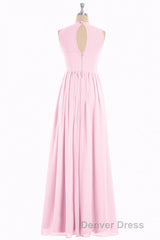 Pink Chiffon Halter Cutout Back A-Line Long Bridesmaid Dresses