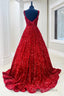Red Sequin Square Neck Backless A Line Long Prom Gowns