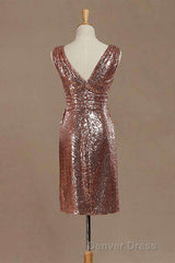 Rose Gold Sequin V-Neck Backless Short Bridesmaid Dresses