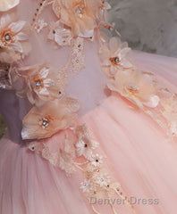 Pink Round Neck Tulle Lace Long Prom Dresses, Lace Formal Dresses