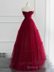 A-line Sweetheart Neck Tulle Burgundy Long Prom Dresses, Off Shoulder Burgundy Formal Dresses