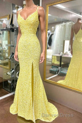 Elegant Yellow Sequins Mermaid Prom Dresses