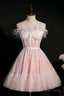 Pink Feather Strapless A Line Short Homecoming Dresses