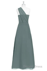 Dark Sage Green Chiffon One-Shoulder Long Bridesmaid Dresses