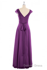 Elegant Purple Lace Cap Sleeve A-Line Long Bridesmaid Dresses
