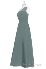 Dark Sage Green Chiffon One-Shoulder Long Bridesmaid Dresses