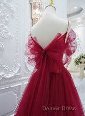 Wine Red Tulle V-Neckline Off Shoulder With Bow, Wine Red Tulle Long Prom Dresses