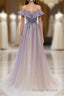 Purple Off Shoulder Tulle Sequin Long Prom Dress, Purple Prom Dresses