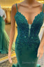 Hunter Green Floral Plunging V Mermaid Long Prom Dresses
